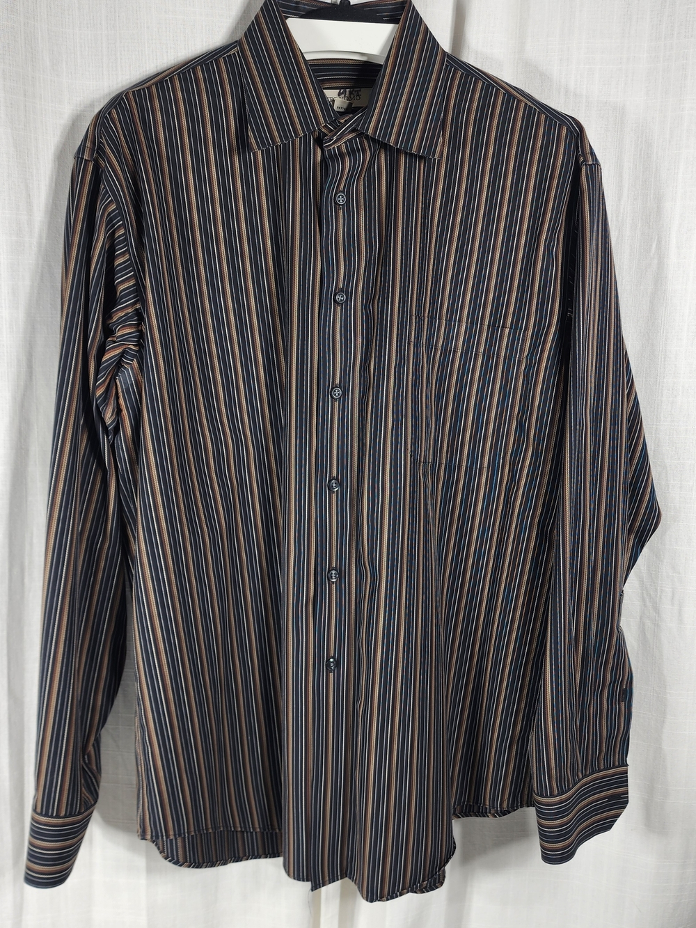 Pronto Uomo Striped Dress Shirt in Navy, Brown & White